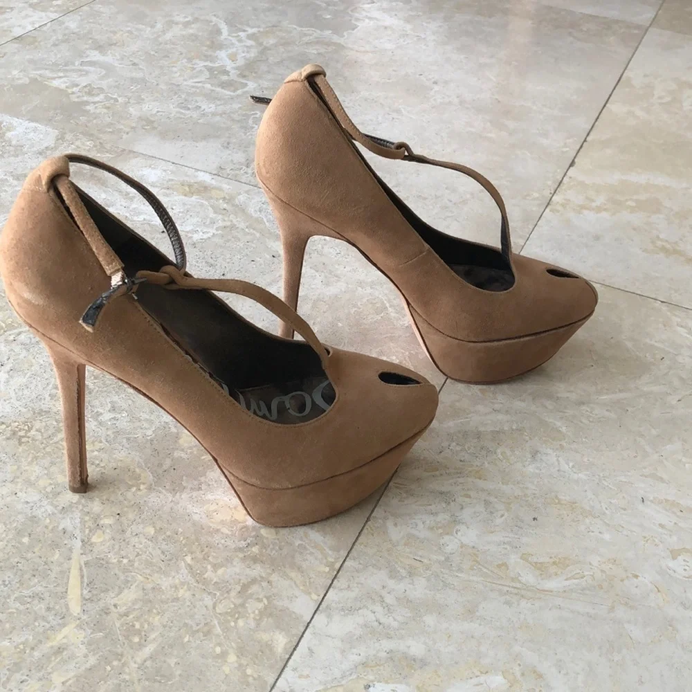 Sam Edelman Ankle T-Strap Pumps -Camel Suede - 8.5